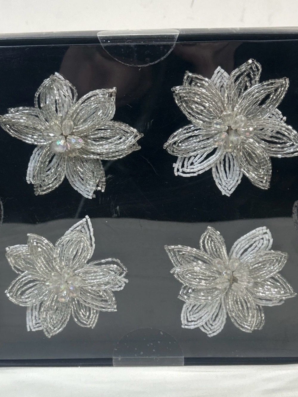 Tahari Silver Floral Beaded Napkin Rings Set